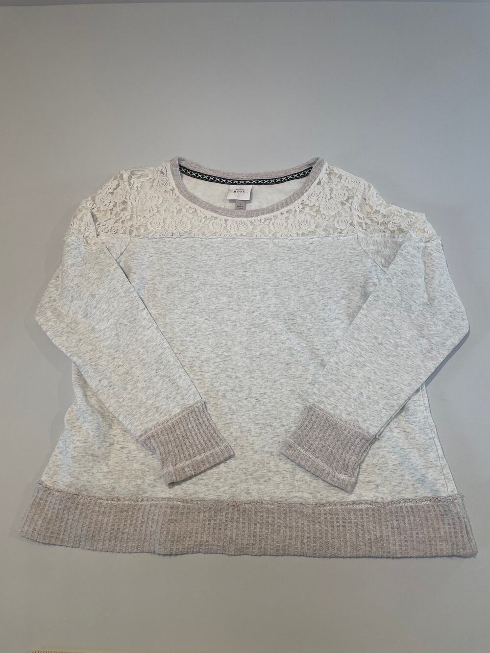 Knox Rose Size L Heather Beige Soft Sweatshirt with Lace Detail